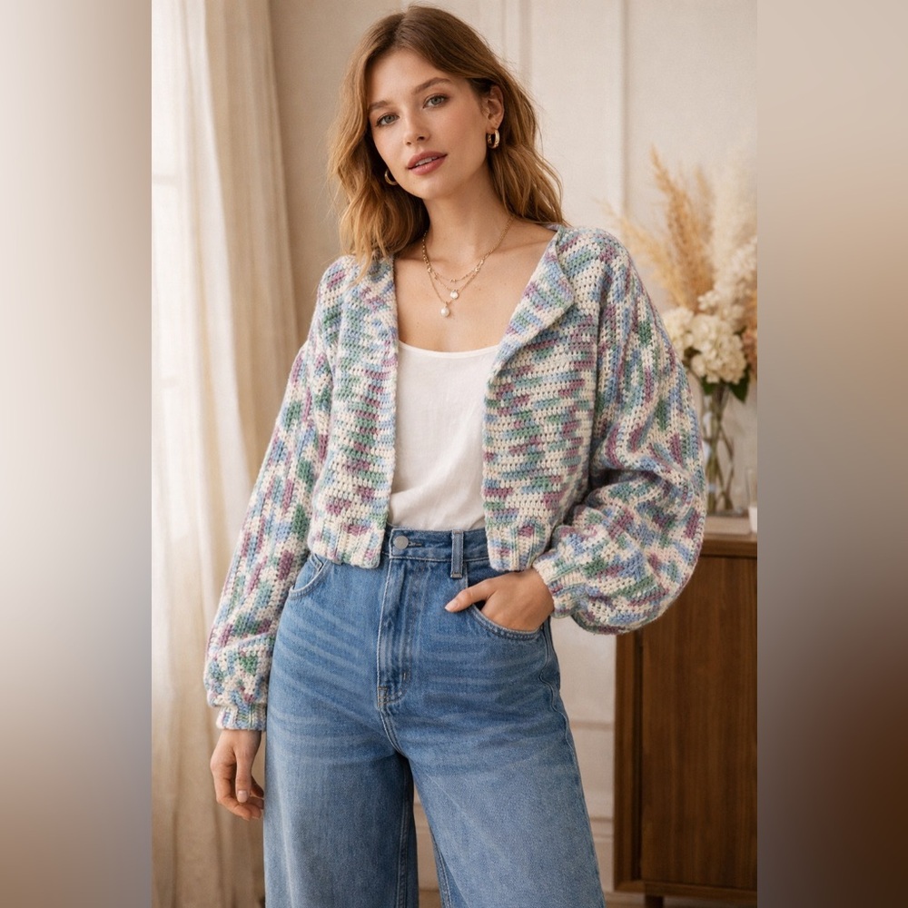 Hand Crocheted Cropped Chunky Sweater Multicolor Bell Sleeves Cottagecore